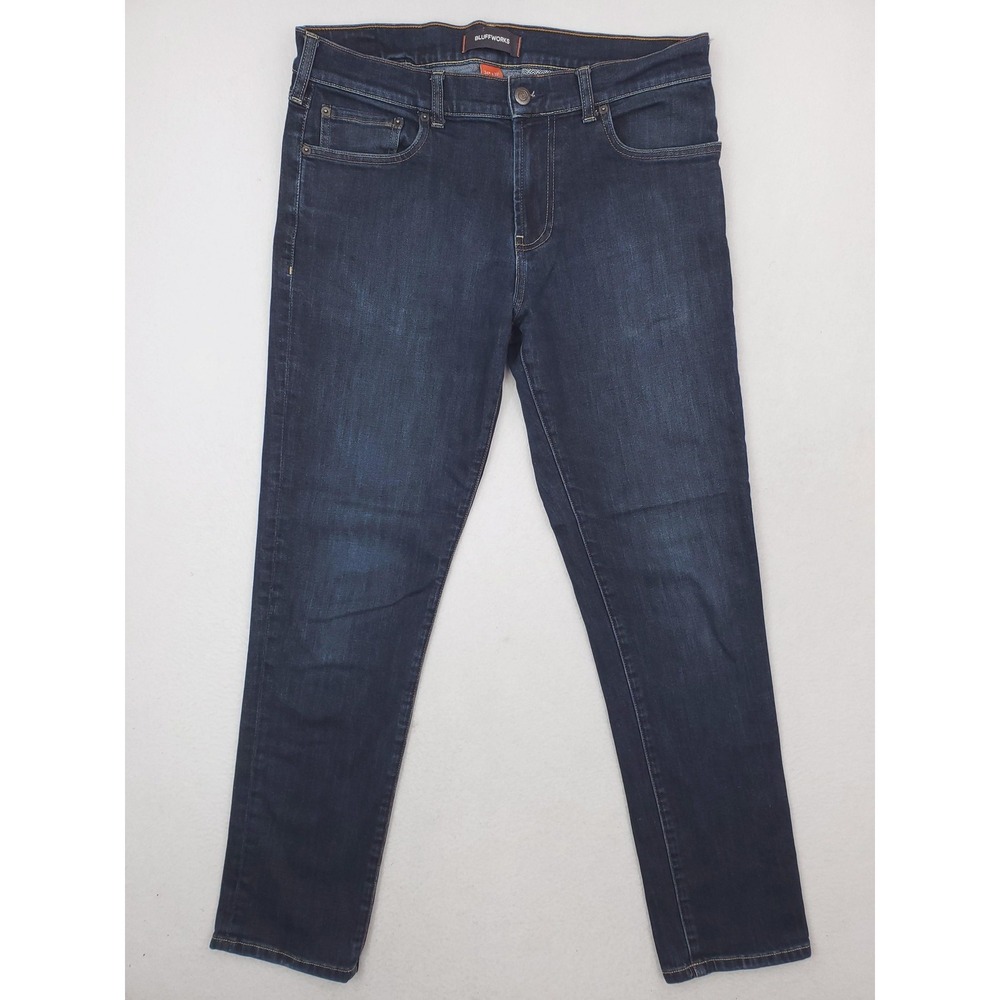 Bluffworks Jeans Mens 34x32 Departure 2.0 Slim Fit Stretch Denim Pants Dark Wash